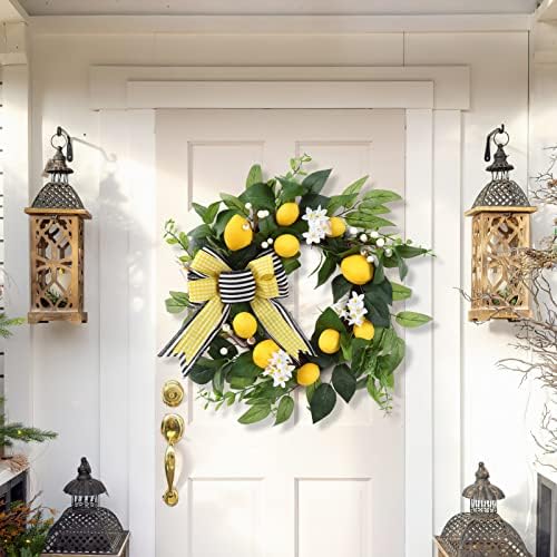 20 Inch Spring Summer Lemon Wreath with Daisy Bow and Eucalyptus