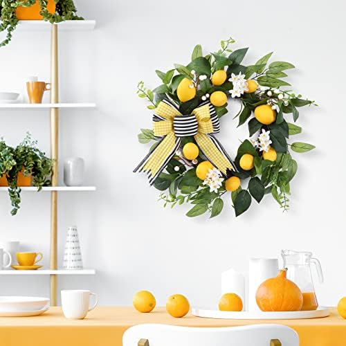 20 Inch Spring Summer Lemon Wreath with Daisy Bow and Eucalyptus