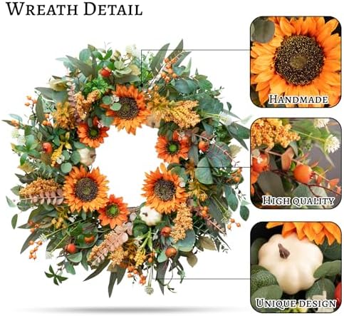 24-Inch Fall Door Wreath with Sunflowers Pumpkins Boxwood Eucalyptus Berries