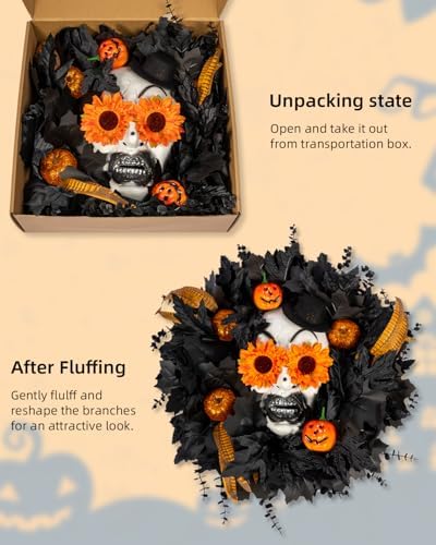 Halloween Wreath with Skull 20 Inch Black Maple Leaves Decor