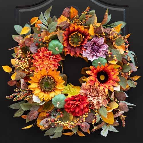 24 Inch Autumn Front Door Wreath with Pumpkins and Fall Leaves