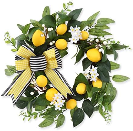 20 Inch Spring Summer Lemon Wreath with Daisy Bow and Eucalyptus