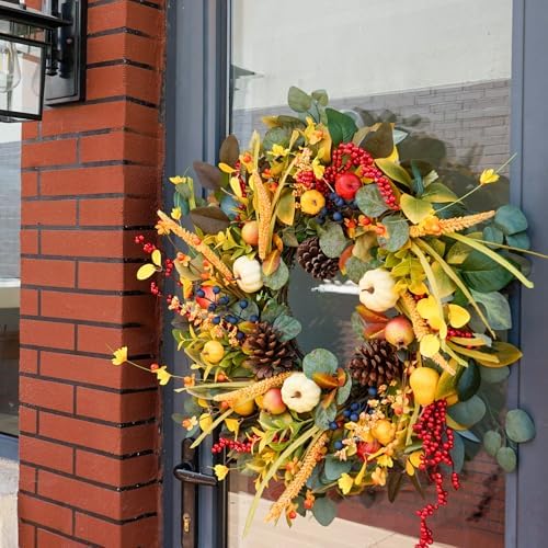 Fall Wreath 24 Inch with Yellow White Pumpkins Red Berries Eucalyptus Leaves Pinecones