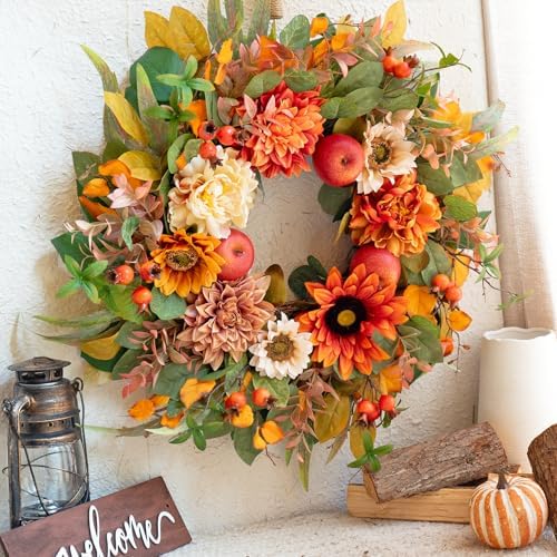 24 Inch Fall Wreath with Artificial Apples Dahlias and Sunflowers