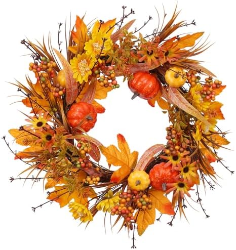 19 Inch Artificial Fall Wreath with Pumpkins and Maple Leaves