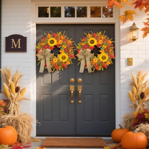 Fall Wreath with Lights and Pumpkins for Front Door
