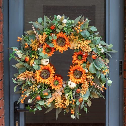 24-Inch Fall Door Wreath with Sunflowers Pumpkins Boxwood Eucalyptus Berries