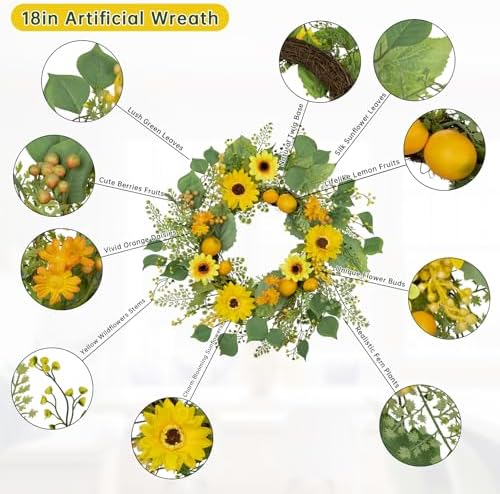 Lemon Sunflower Front Door Wreath 20 Inch Spring Decor