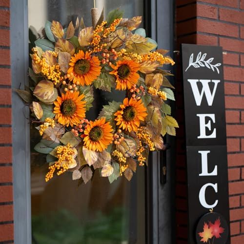 Autumn Door Wreath with Sunflowers and Leaves