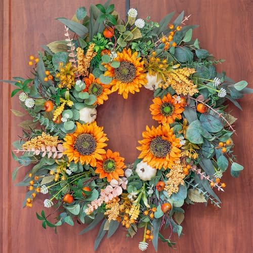 24-Inch Fall Door Wreath with Sunflowers Pumpkins Boxwood Eucalyptus Berries