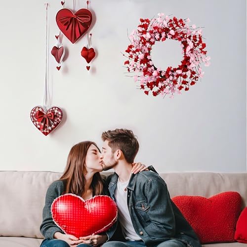 20 Inch Valentine Wreath with Red Berries and Pink Heart Flowers