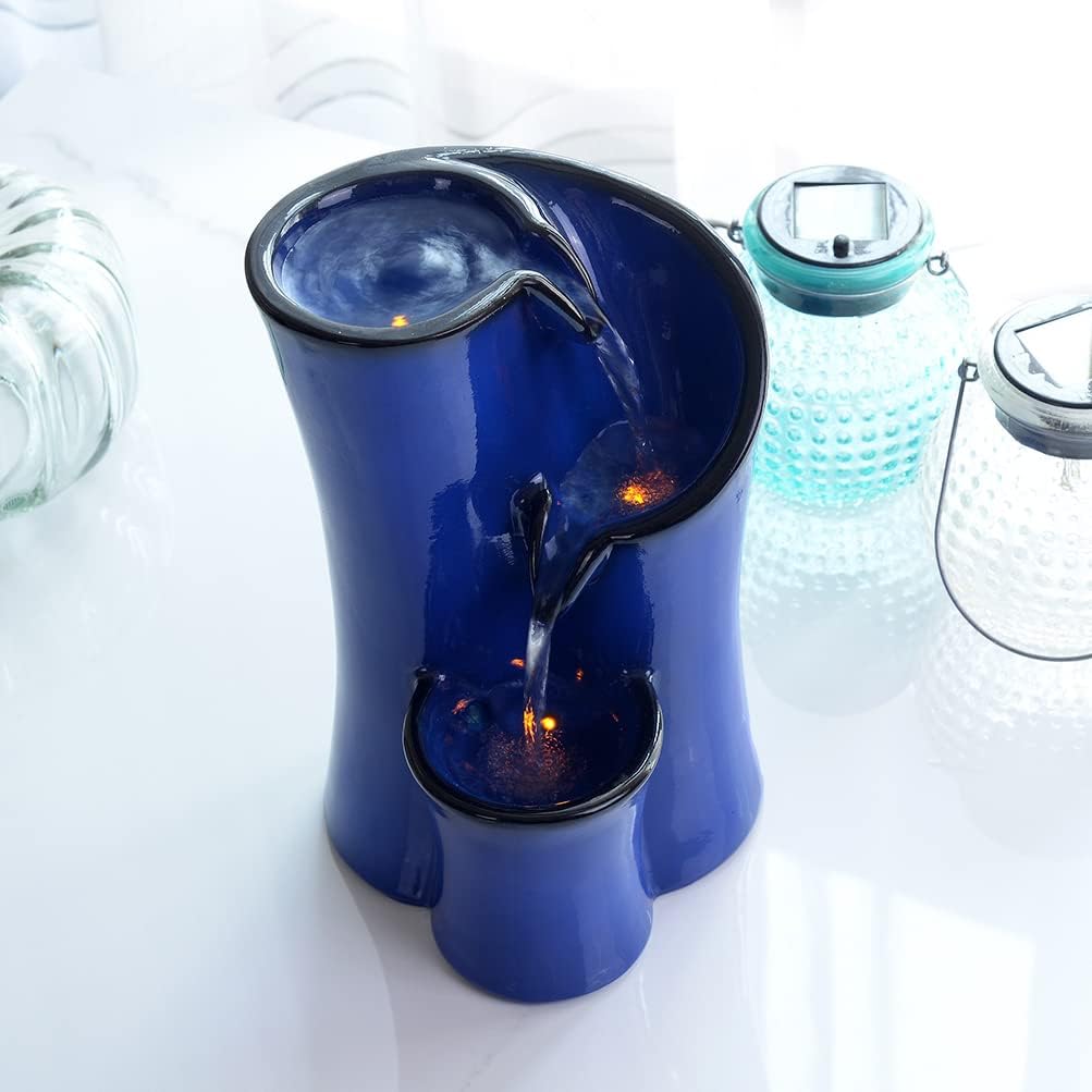 GOSSI Imitation Ceramic Tabletop Fountain with 3 Reflective LEDs 98 Inch Tall Blue