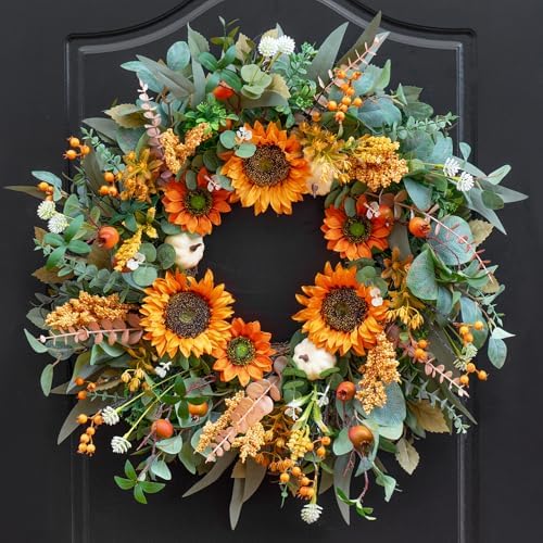 24-Inch Fall Door Wreath with Sunflowers Pumpkins Boxwood Eucalyptus Berries
