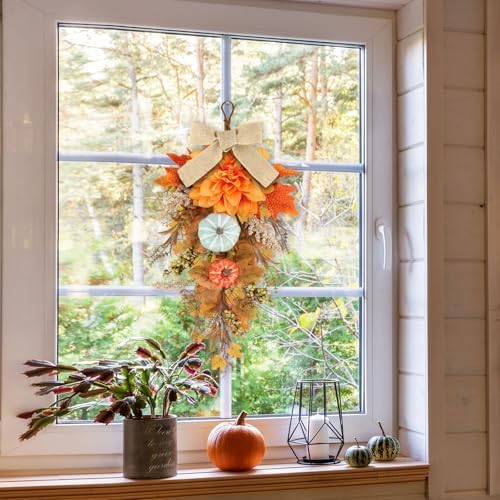 22 Inch Fall Wreaths 2 PCS Teardrop Swag for Front Door