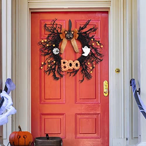 Adeeing 18 Inch Halloween Wreath with Black Cat and Boo Sign