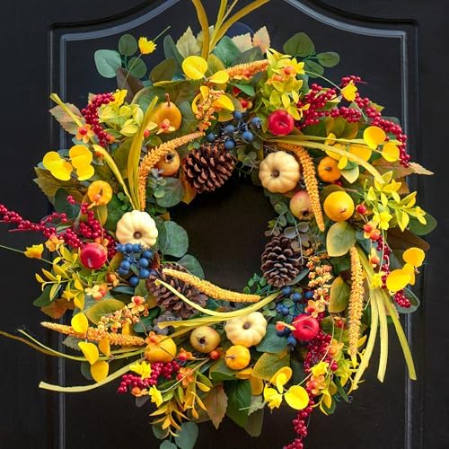 Fall Wreath 24 Inch with Yellow White Pumpkins Red Berries Eucalyptus Leaves Pinecones
