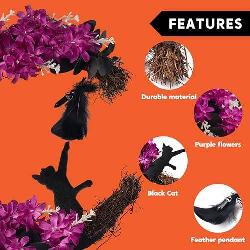 JOYIN Halloween Wreath Black Cat Moon Grapevine Decor
