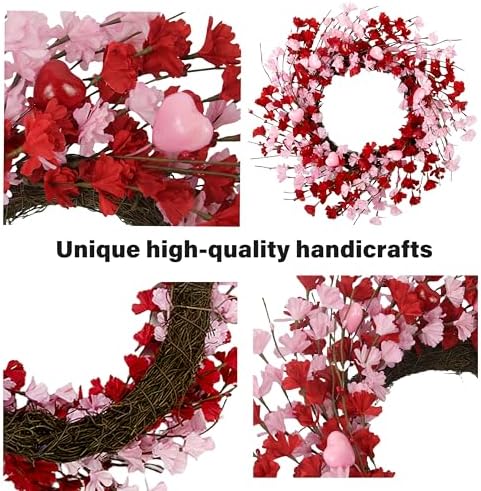20 Inch Valentine Wreath with Red Berries and Pink Heart Flowers