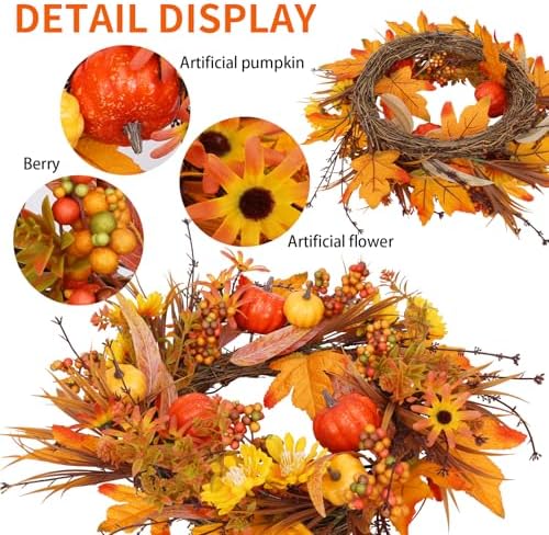 19 Inch Artificial Fall Wreath with Pumpkins and Maple Leaves