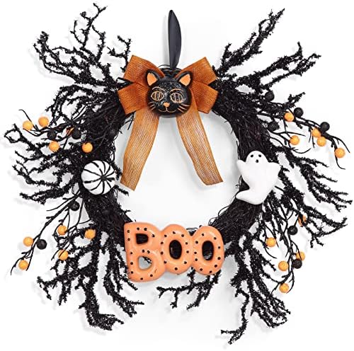 Adeeing 18 Inch Halloween Wreath with Black Cat and Boo Sign