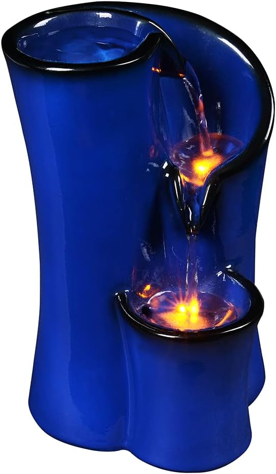 GOSSI Imitation Ceramic Tabletop Fountain with 3 Reflective LEDs 98 Inch Tall Blue