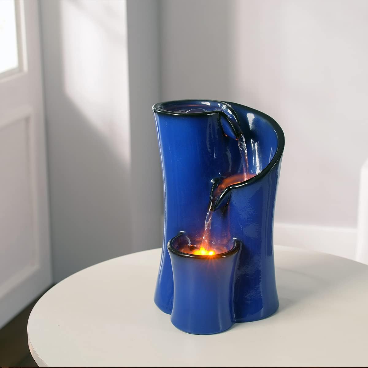 GOSSI Imitation Ceramic Tabletop Fountain with 3 Reflective LEDs 98 Inch Tall Blue