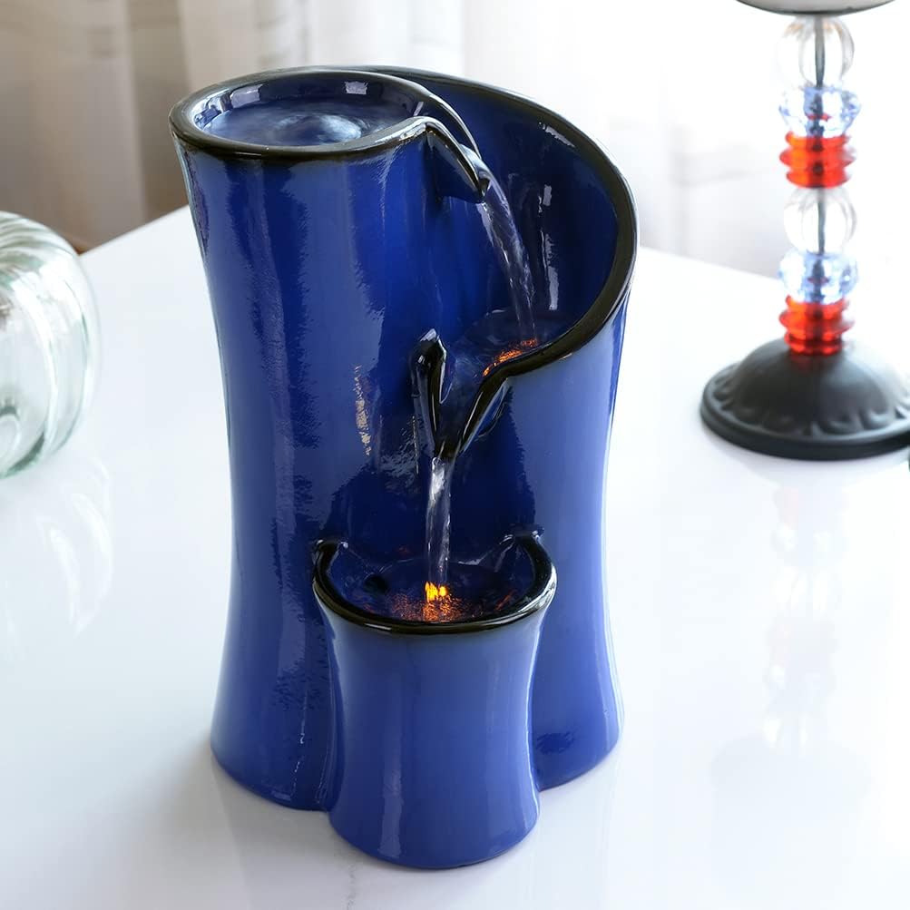GOSSI Imitation Ceramic Tabletop Fountain with 3 Reflective LEDs 98 Inch Tall Blue