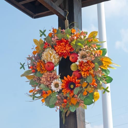 24 Inch Fall Wreath with Artificial Apples Dahlias and Sunflowers