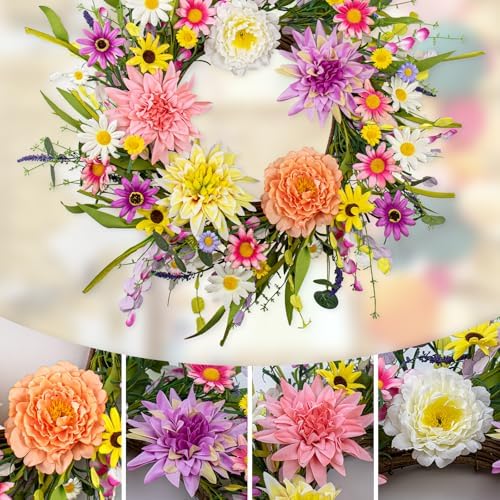 Vibrant 22 Inch Spring Wreath with Dahlias and Daisies