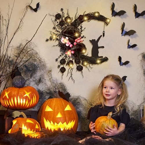 Spooky Halloween Wreath with Black Cat and Lights