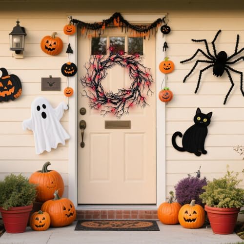 Halloween Black Branch Wreath with Lights