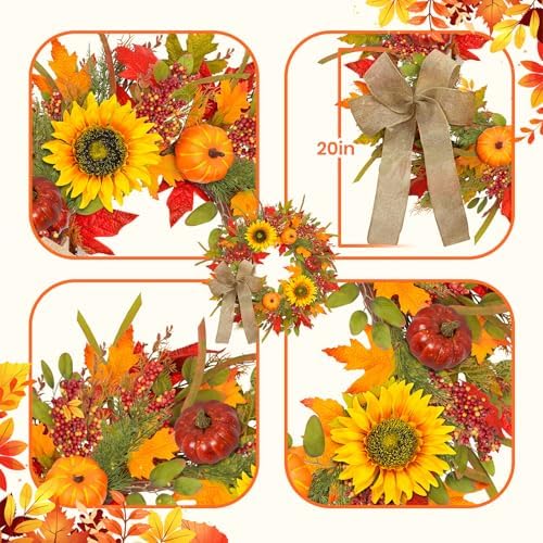 Fall Wreath with Lights and Pumpkins for Front Door