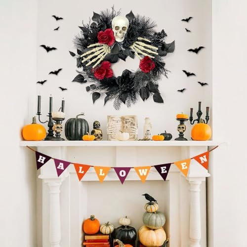 Gothic Halloween Skull Wreath with Hands and Roses