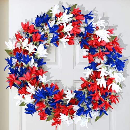 4th of July Wreath with Red White Blue Flowers