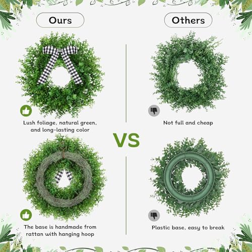 Artificial Boxwood Wreath with 3 Plaid Bows 24 Inch