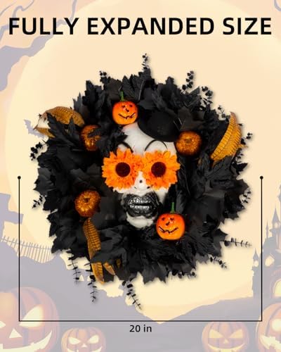 Halloween Wreath with Skull 20 Inch Black Maple Leaves Decor