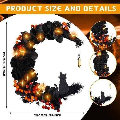 Ceenna Halloween Moon Wreath with Black Roses and Orange Berries