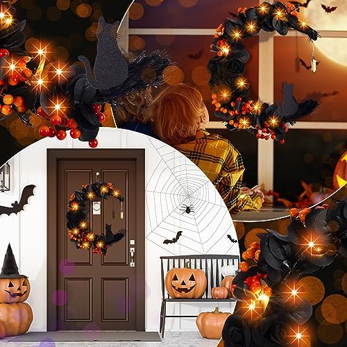 Ceenna Halloween Moon Wreath with Black Roses and Orange Berries
