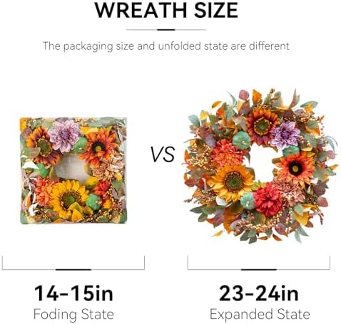 24 Inch Autumn Front Door Wreath with Pumpkins and Fall Leaves