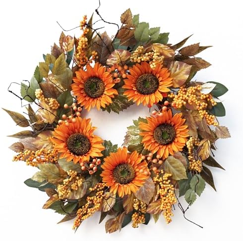 Autumn Door Wreath with Sunflowers and Leaves