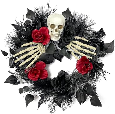 Gothic Halloween Skull Wreath with Hands and Roses