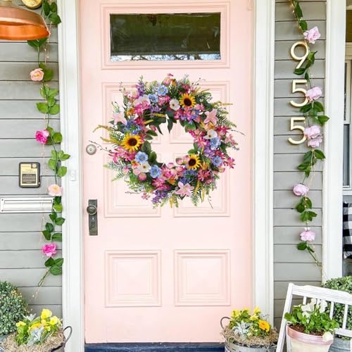 Elegant 24-26 Inch Floral Wreath with Sunflowers and Lily