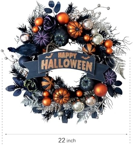 Halloween Glitter Pumpkin Wreath with Balls Berries and Black Roses