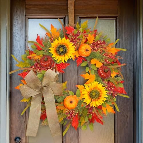Fall Wreath with Lights and Pumpkins for Front Door