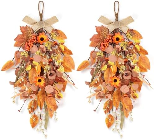 2 Pcs 24 Autumn Harvest Teardrop Wreath for Front Door