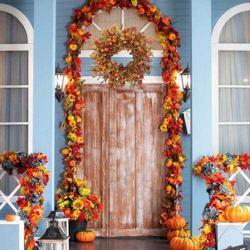 22 Inch Artificial Fall Wreath with Pumpkin and Maple Leaves