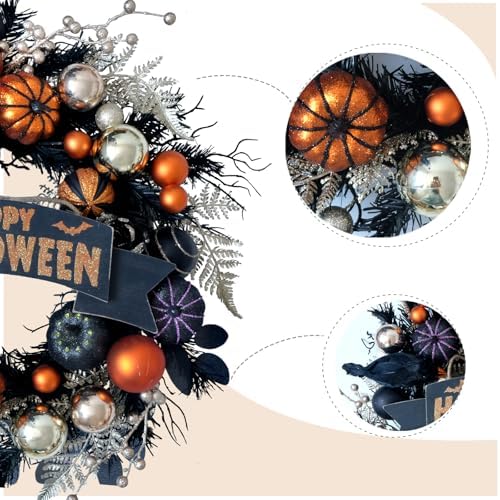 Halloween Glitter Pumpkin Wreath with Balls Berries and Black Roses