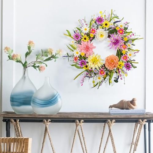 Vibrant 22 Inch Spring Wreath with Dahlias and Daisies