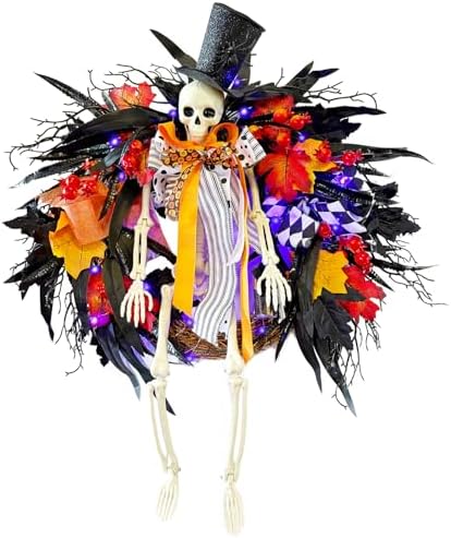 Gothic Skeleton Wreath with Lights 28 Inch Halloween Decor