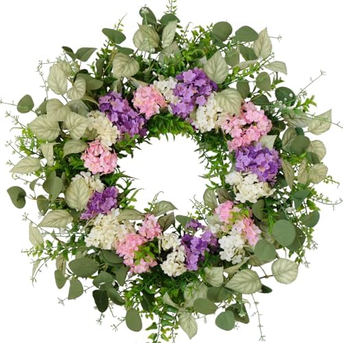 CIR OASES 22 Inch Artificial Hydrangea Wreath with Eucalyptus Leaves